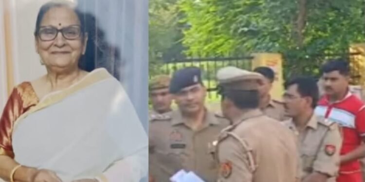 सरला देवी की फाइल फोटो व घटनास्थल पर मौजूद पुलिसकर्मी