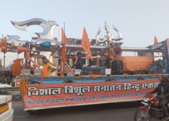 छिंदवाड़ा से अयोध्या जा रही त्रिशूल यात्रा का रामगंज में जोरदार अभिनंदन